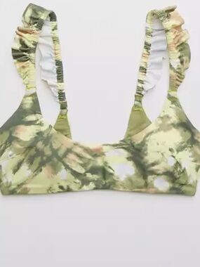Aerie Printed Ruffle Scoop Bikini Top Olive Fun m